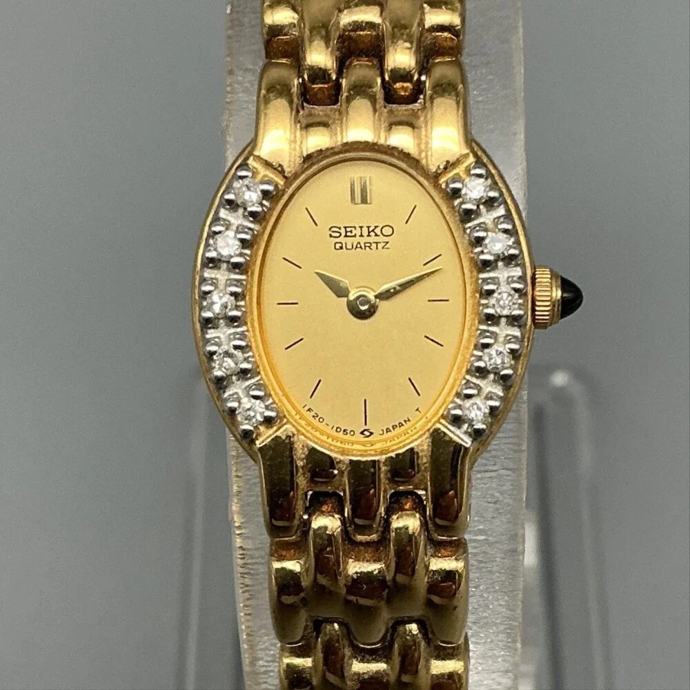 Vintage Seiko Womens Watch 15mm Gold Tone Diamond 1F20-5G19 New Battery 6.75